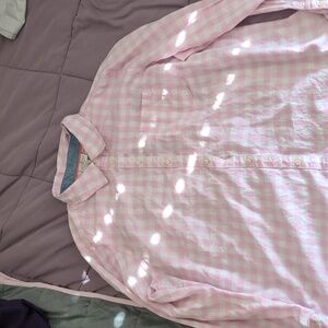 St Johns Bay Baby Pink and White Button Down Shirt with Denim Accents